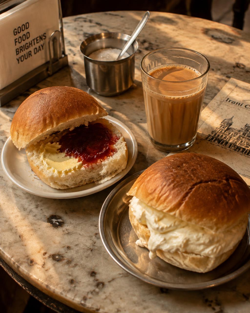 Bun butter jam and malai bun with a glass of Irani chai