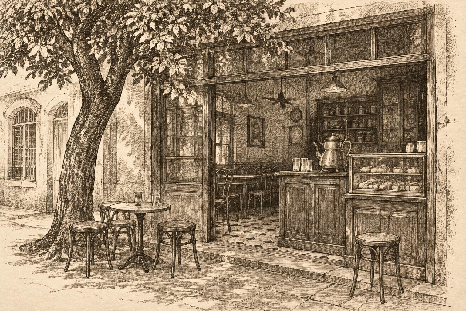 Ink illustration of a classic Irani café storefront